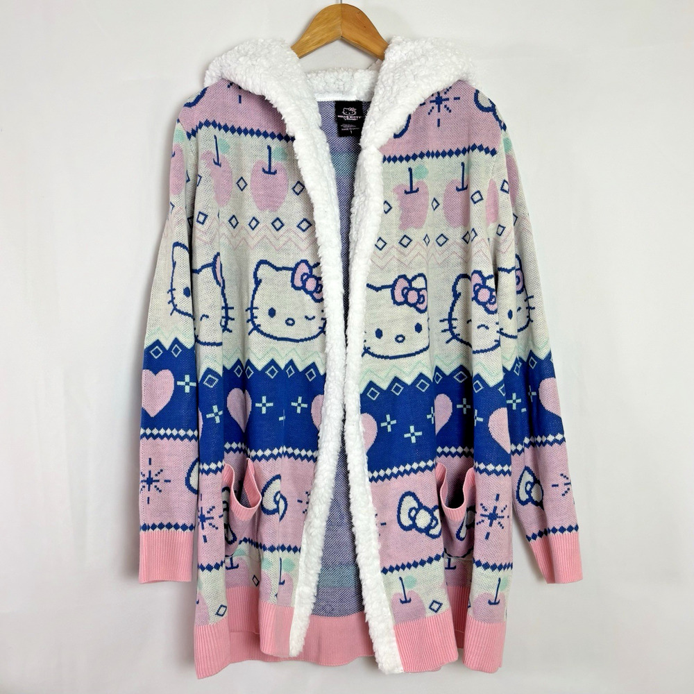 Hot Topic Hello Kitty Fair Isle Sherpa Hooded Cardigan Women's 1X Pastel Kawaii